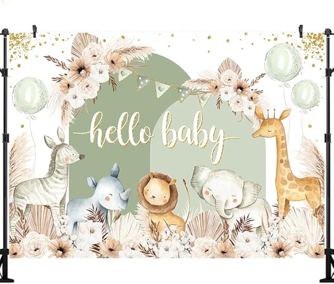 Hello Baby Backdrops Boho Floral Pampas Grass Baby Shower Photography Background Balloon Animals Party Decorations Banner Photo Booth Props(Green, 7x5ft)