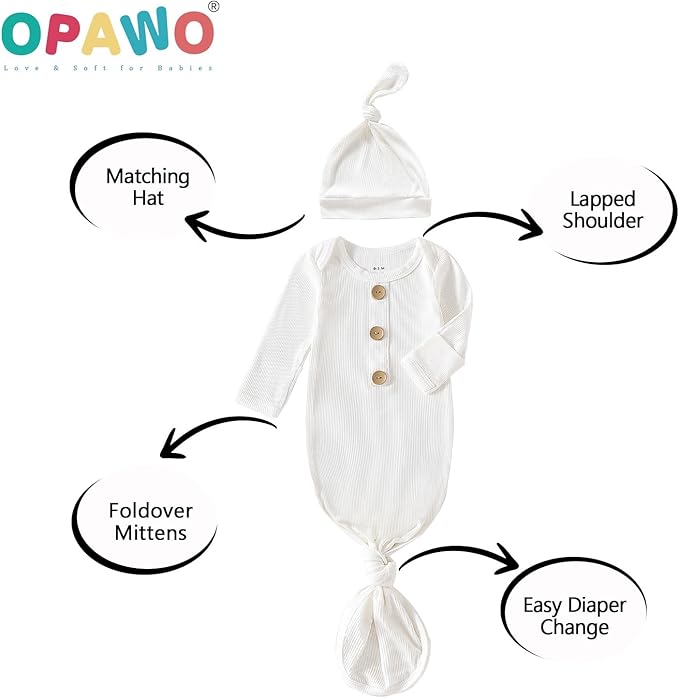 OPAWO Knotted Gown Baby Newborn Sleepers Baby Boy Coming Home Outfit, Bamboo Viscose Baby Gowns with Mitten Cuffs and Hat Set