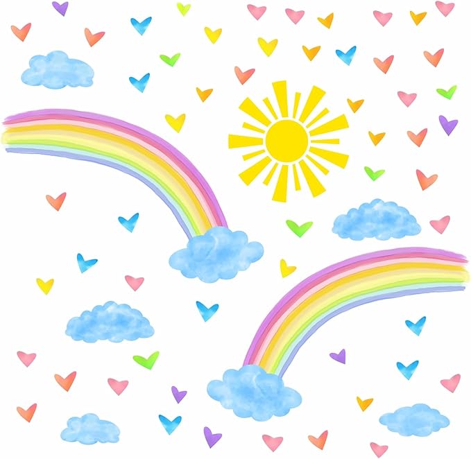 Colorful Rainbow Wall Stickers Watercolor Sun Clouds Wall Decals Cute Hearts Stickers for Girls Removable Peel and Stick Large Rainbow Decals for Girls Kids Room Nursery Classroom Decor
