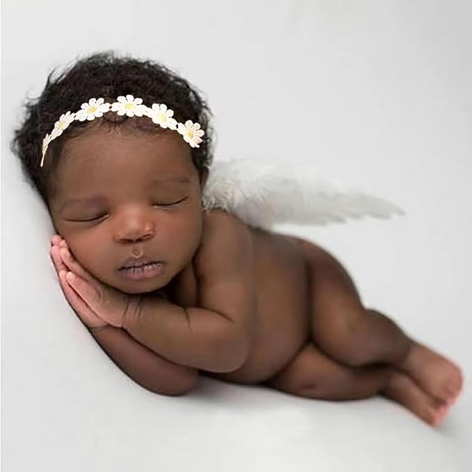 2PCS White Angel Feather Wings With Yellow Daisy Flower Headband Set For Newborn Infant Toddler Kids Baby Girls Photography Props Birthday Gift(Color C, One Size)