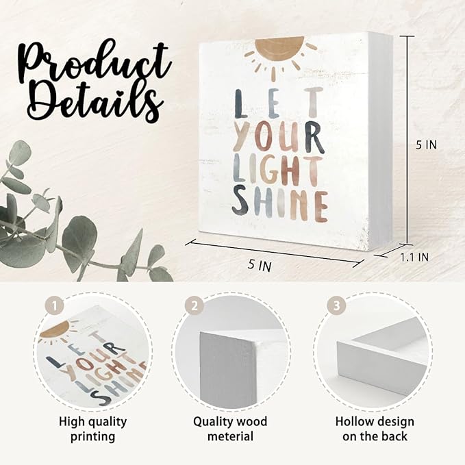 Boho Neutral Baby Nursery Decor - Let Your Light Shine Inspirational Christian Wood Sign, 5x5