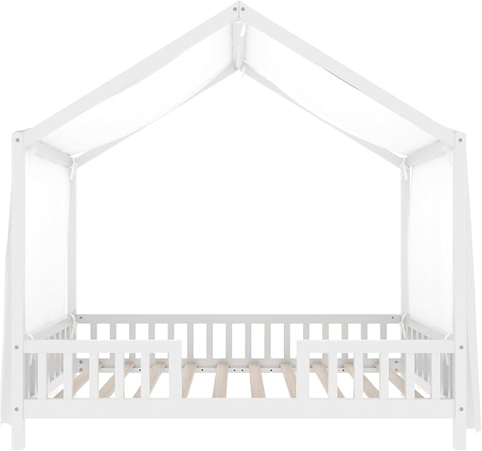Bellemave Twin House BedFrame with Canopy, Montessori Floor Bed, House Bed with Rails for Kids, White