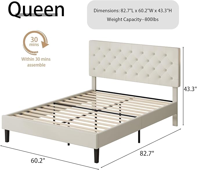 BarnFurin Queen Bed Frame, Upholstered Platform Bed with Button Tufted Headboard, Fabric Bed Frame with Wooden Slats Support, No Box Spring Required, Easy Assembly, Cream