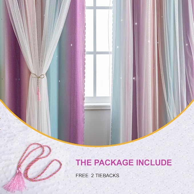 Star Girl and Kids Curtains for Bedroom Rainbow Ombre Double Layer Cute Shot Nursery Darkening Grommet Princess Room Décor 2 Panels Living Room Window Curtain (Pink Purple 35W x 63L)