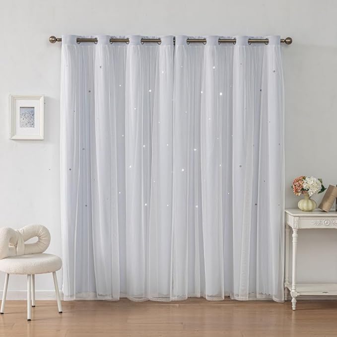 Ombre Rainbow Blackout Curtains for Kid Girls Bedroom Living Room Darking Stripe Double Layer Star Cut Out Wall Home Decor Gradient Grommet Window Curtains (Greywish White 95)