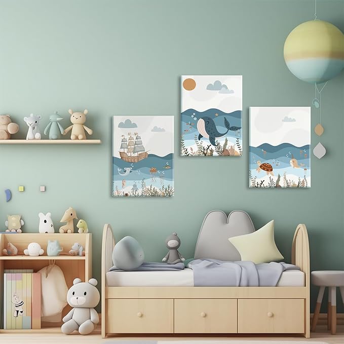 LYPHNX Framed Blue Ocean Nautical Nursery Canvas Wall Art Sea Turtle Whale Animal Painting Picture Set of 3 Kids Prints Poster Wall Decor for Baby Boys Girl Children's Room Bedroom Bathroom 16"x24"