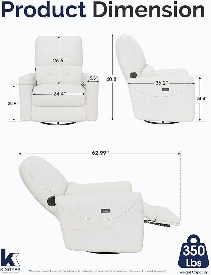 KINGYES Nursery Rocking Chair, Glider Rocking Chair for Nursery, 270° Swivel Glider, Bluetooth Speaker & USB-C Port, Fabric Nursery Recliner Sofa, Cream