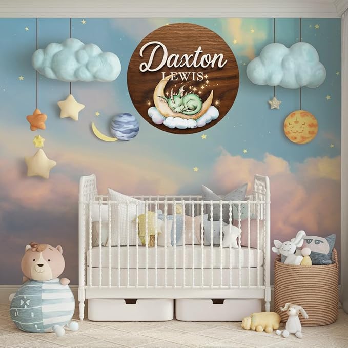 Personalized Baby Name Signs for Nursery, Green Dragon Sign for Baby Door Decor, Newborn Gifts for Boy, Boys Nursery Wall Bedroom Decorations, Mother's Day Gifts for New Mom Dad Gift