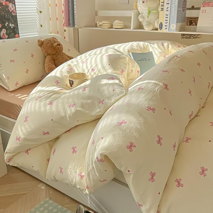 Bow Duvet Cover Full Size Pink Bowknot Duvet Cover Set with Heart Printed 3 Pcs Kids Boys Girls Princess Style Cute Bows Reversible Bedding Set with Zipper Closure