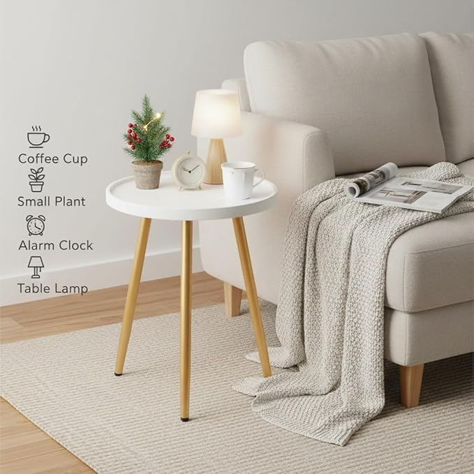 danpinera Nursery Side Table, Metal Legged Mini Table with Wooden Tray, Small Round End Table for Living Room, Bedroom, Nursery, White & Gold