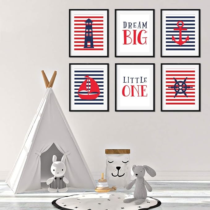 Andaz Press Ocean Nautical Sailor Theme Nursery Kids Bedroom Hanging Wall Art Decor, 8.5x11-inch, Red Blue Stripes, Boat, Anchor, Lighthouse, Whale, 6-Pack, Unframed Room Poster