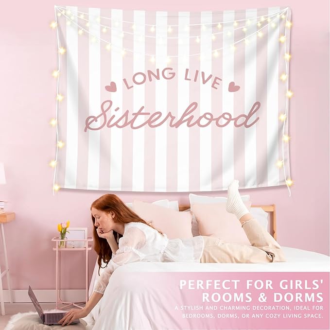 LIANGW Preppy Long Live Sisterhood Pink Striped Girls Room Decor - Tapestry Aesthetic for Bedroom, Coquette Preppy Room Decor for Girly Nursery Toddler Playroom Bedroom Dorm Apartment 50x60 inches