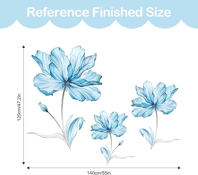 Tanlaby Large Blue Flowers Wall Stickers Transparent Watercolor Floral Wall Decals Peel and Stick Art Decor for Girls Bedroom Living Room Office Sofa Backdrop