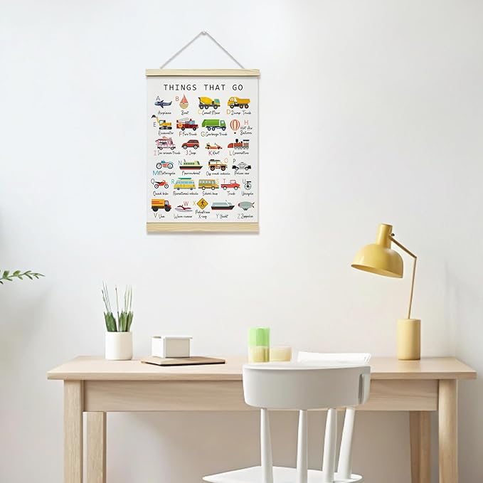 TRKAE Car Alphabet Canvas Poster Hanger Frame, Classroom ABC Wall Art, Toddler Educational Wall Decor for Nursery Preschool Kids Room -027