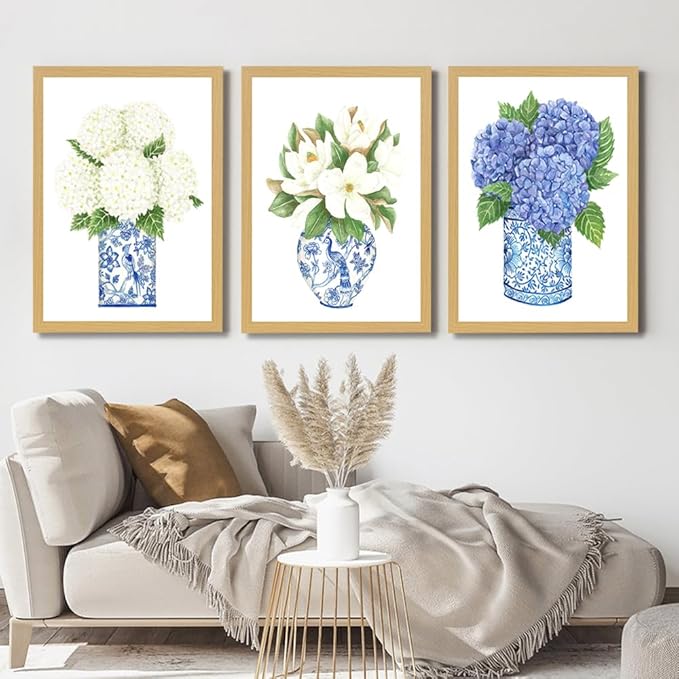 LUHDFYS Blue White Willow Style Ginger Jar Watercolor Chinoiserie Decor Canvas Painting Orchid Oriental Vase Porcelain Flower Jar Prints Polystyrene frame (12x16Inch Framed)
