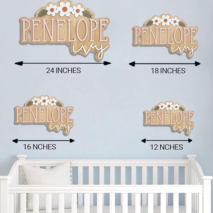 Personalized Nursery Name Sign, Custom Wooden Name Sign with Flowers, 3D Layered Wood Wall Decor for Baby Girl Room, Boho Floral Kids Room Name Plaque, 2 Layer /4