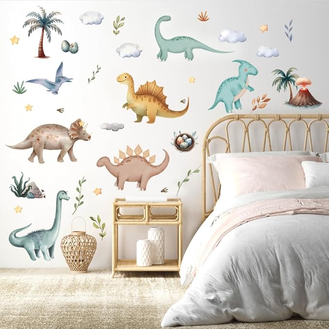 Cute Dinosaur Wall Sticker Peel and Stick Dino Wall Decal Palm Tree Volcano Wall Art Decor Green Plant Wall Sticker for Bedroom Nursery