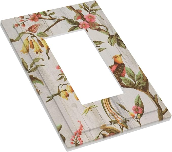 Flowers Bird Tree Retro Spring Floral Branch 1 Gang Light Switch Cover Single Rocker/Gfci Device Decorative Wall Plate Standard Size Receptacle Oriental Chinese Landscape Drawn Outlet Cover Plates