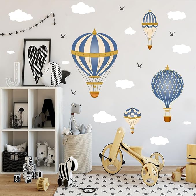 3D Hot Air Balloon Wall Decals Cute Clouds and Seagulls Wall Stickers Kindergarten Baby Room Art Wall Stickers Removable PVC Self-Adhesive Wallpaper Nursery Classroom Playroom Bedroom Wall Art Decor