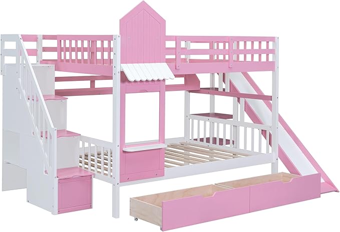 Full-Over-Full Bunk Beds Castle Style Bunk Bed with 2 Drawers 3 Shelves and Slide - Pink