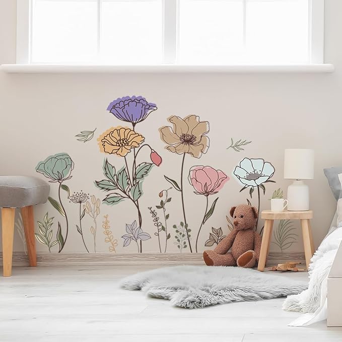 Boho Flower Wall Decal Floral Plant Grass Wall Sticker Colorful Wildflower Wall Decals Peel and Stick Daisy Flower Wall Sticker for Bedroom Nursery Decor