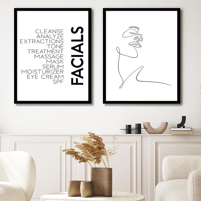 Minimalist Wall Art Prints Black and White Abstract Line Art Facials Quotes Wall Art Spa Beauty Decor Woman Face Sketch One Line Drawing Wall Art Framed(12x16Inch Black Frame)