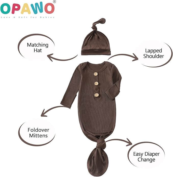 OPAWO Knotted Gown Baby Newborn Sleepers Baby Boy Coming Home Outfit, Bamboo Viscose Baby Gowns with Mitten Cuffs and Hat Set