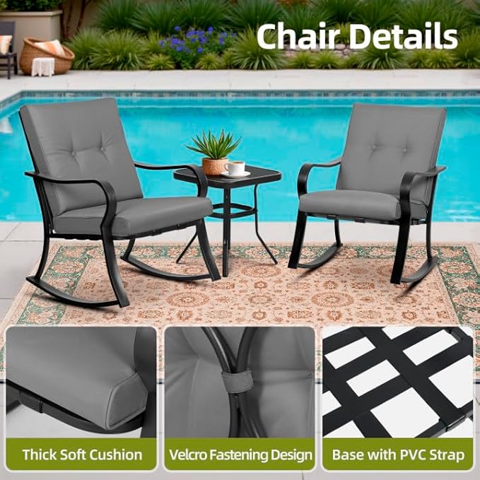 SUNCROWN Outdoor 3-Piece Rocking Chairs Patio Bistro Set Black Steel Furniture with Thickened Cushion and Glass-Top Coffee Table, Grey