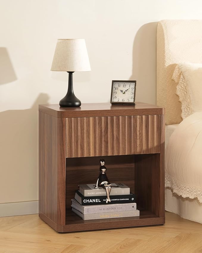 Night Stand Set of 2, Fluted Nightstand with Drawers, Wood Bedside Table with Storage, Mid Century Nightstands Night Stands Bed Side Table for Bedroom, Side Tables End Tables for Living Room