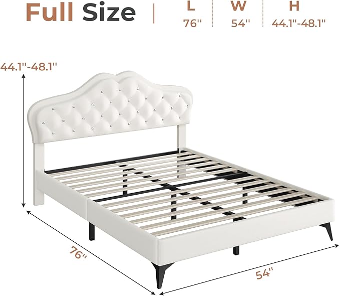 BTHFST Full Size Upholstered Bed Frame with LED Lights, Adjustable Headboard with Crystal Button, Princess Platform Bed for Girls, Solid Wood Slats Support, No Box Spring Needed, Beige