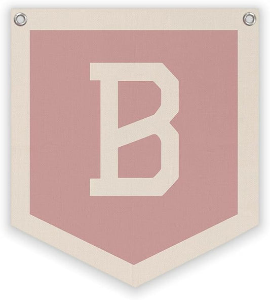 Lacama Pink Initial Personalized Preppy Banner, Baby Girl Nursery Decor, Initial Pennant，Letter B Banner Flag，Vintage Room Decor Toddler Room Bedroom Playroom Front Door Birthday Christmas Gift(B)