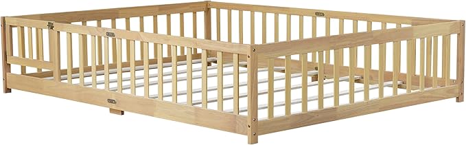 Queen Size Floor Bed with Fence and Door,Rubber Wood Floor Bed w/Safety Guardrails/Near The Ground,Easy to Assemble & No Box Spring Needed, Natural