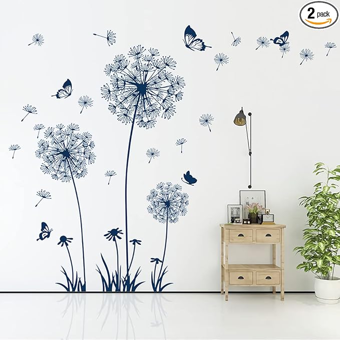 2 Sheets Dandelion Wildflower Wall Decals Art, Calcomanías para Pared Peel and Stick Floral Butterflies Flying Decor for Girls Kids Women Baby Nursery Bedroom Bathroom Sofa Backdrop TV Wall (Blue)
