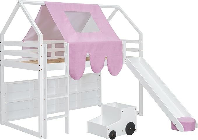 Playhouse Design Twin Size Wood Loft Bed with Slide and Tent, Low Loft House Bed Frame with Storage Shelves and Removable Car-Shaped Staircase for Kids Teens Boys Girls Bedroom (White-Pink)