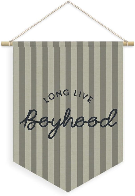 Boys Room Decor, Long Live Boyhood Boy Nursery Linen Canvas Banner, Grey Striped Wall Hanging Pennant Flag Banner for Boys Nursery Kids Toddler Room Bedroom Playroom Decor, 15x11in