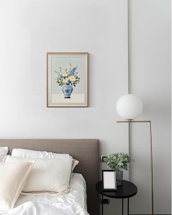 ARPEOTCY Framed Canvas Wall Art, 12x16 Inch Vintage Blue and White Vase Floral Painting, Chinoiserie Peony Still Life Wall Decor for Kitchen, Dining Room, or Bedroom