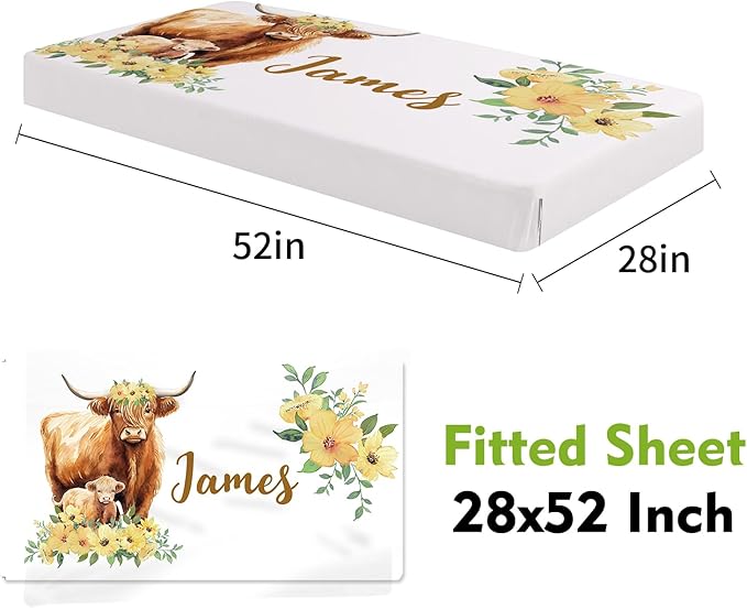 Personalized Crib Bedding Set for Girls, Custom Baby Crib Sets with Name, Yellow Flower Highland Cow Design Nursery Bedding 2 Piece - Soft Blanket with Double Layer Dotted Backing, Crib Fitted Sheet