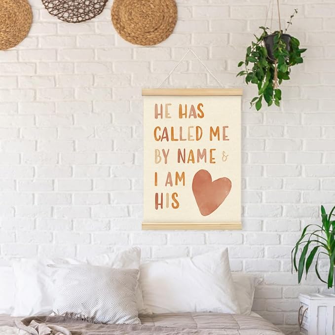 PLKMN Christian Nursery Wall Decor, He Has Called Me by Name Wall Art with Wooden Poster Hanger, Boho Heart Christian Wall Decor for Nursery Kids Room Sunday School Preschool Classroom, 12x16 Inch
