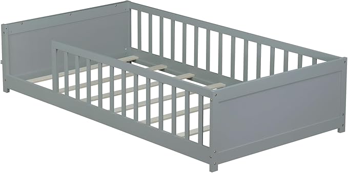 Floor Bed with Rails Twin Size, Wood Montessori Floor Bed with Storage Bookcase, Kids Bed Frame with Fence for Boys Girls, Gray