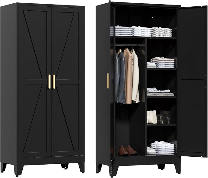 71'' Farmhouse Metal Wardrobe Cabinet with Hanging Rod, 2 Barn Door Wardrobe Closet with 5 Adjustable Shelves,Drawer,for Dining Room,Bedroom,Living Room, Cloak Room,Office (Black)