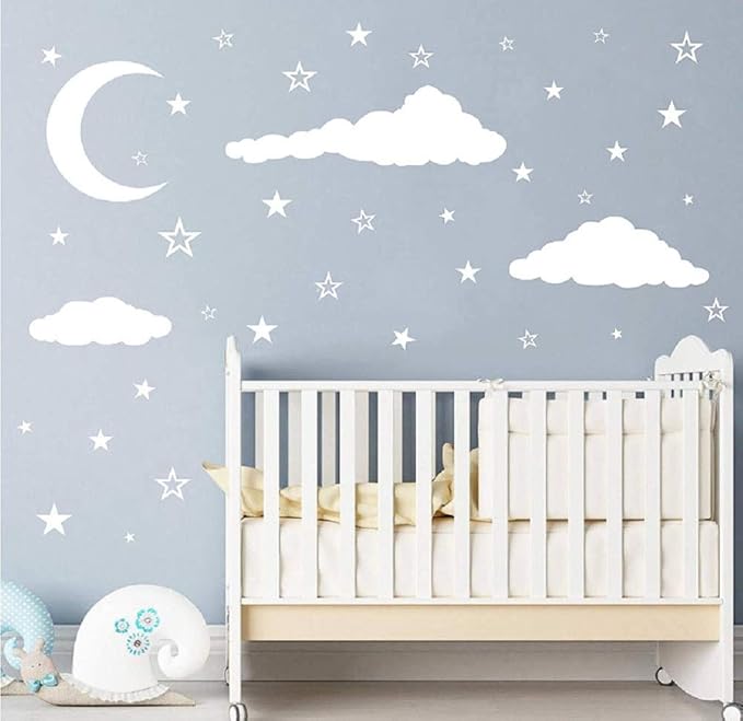 Removable Creative 3D Vinyl White Clouds Moon and Stars Wall Decals DIY Home Wall Art Decor Wall Stickers for Kids Baby Children Boy and Girls Rooms Bedroom Living Room Playroom Decoration (White)