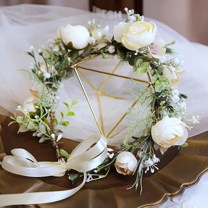 DreamLily Girls Camellias Flower Crown Birthday Photo Pops Hair Wreath Wedding Festival Floral Headpiece XM11 (A-Champagne)