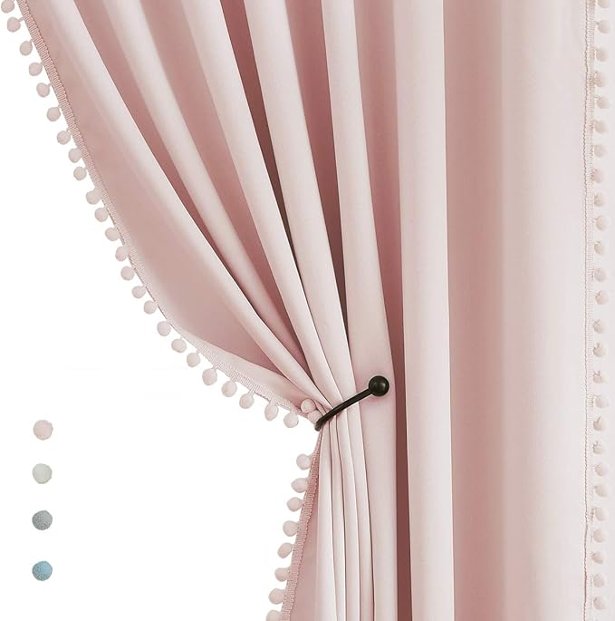 Treatmentex Pompom Blackout Curtains for Bedroom Pink Girls 90 inch Energy Efficient Thermal Insulated Living Room Darkening Curtain Panels for Kitchen Nursery Room 52" w x2 Panels Rod Pocket