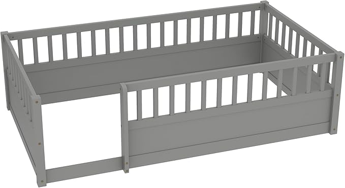Bellemave Twin Size Floor Bed with high Rails for Kids, Girls, Boys, Wood Montessori Floor Bed Without Door, Gray