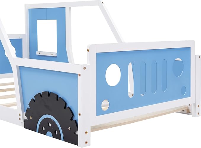 Twin Size Classic Car-Shaped Platform Bed Frame for Boys Girls Kids Toddler with Wheels,Blue