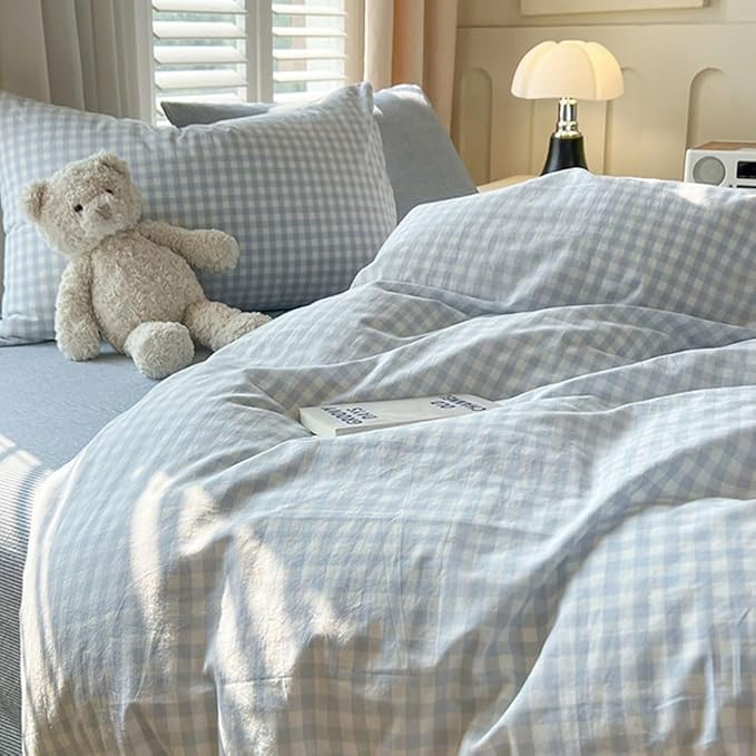 Nayoroom Blue Gingham Comforter Set Full Size Plaid Checkered Dorm Bedding Set 3 Pieces Soft Lightweight Farmhouse Grid Comforter for All Seasons (1 Comforter, 2 Pillowcases)