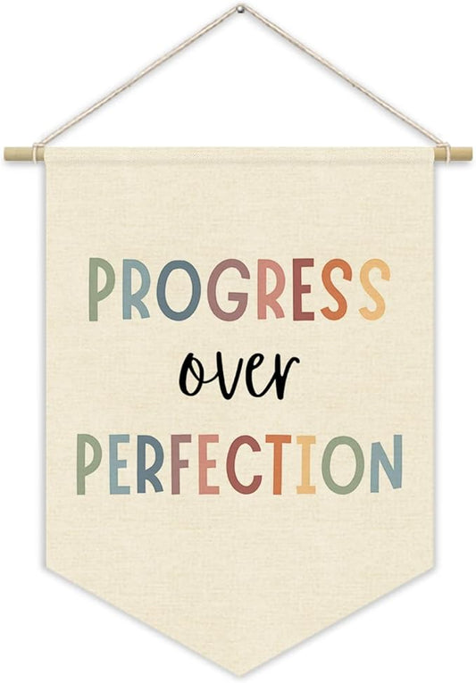 Positive Affirmation Wall Decor Canvas Banner, Classroom Decor, Progress Over Perfection, Kidsroom Wall Art, Teacher Gift, Canvas Hanging Pennant Flag Banner