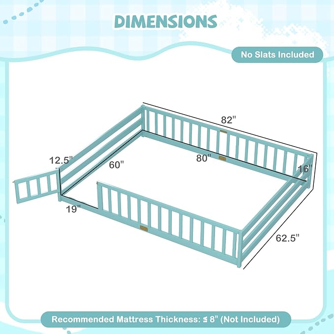 Giantex Queen Floor Bed with Door & Fence, Kids Wood Montessori Beds with Safety Guardrails, Floor Bed Twin for Kids, Boys, Girls, No Box Spring Needed, ICY Aqua