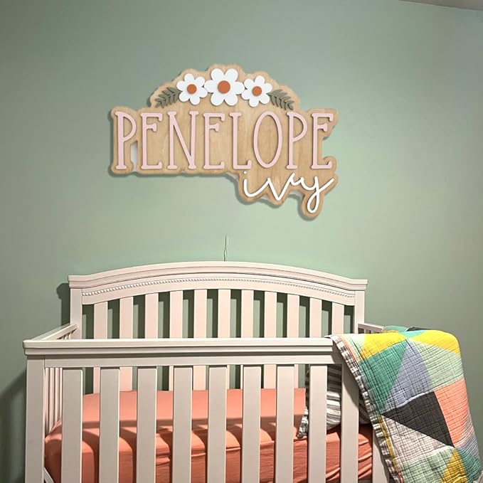 Personalized Nursery Name Sign, Custom Wooden Name Sign with Flowers, 3D Layered Wood Wall Decor for Baby Girl Room, Boho Floral Kids Room Name Plaque, 2 Layer /4