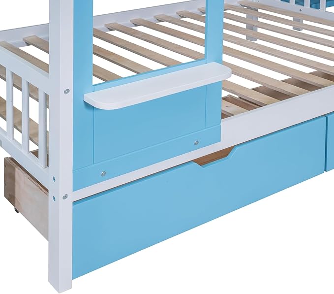 MERITLINE Full Over Full Castle Bunk Bed with Slide,Stairs and Drawers,Solid Wood Floor House Princess Bunk Bed with Storage Shelves (Blue,Full Over Full)